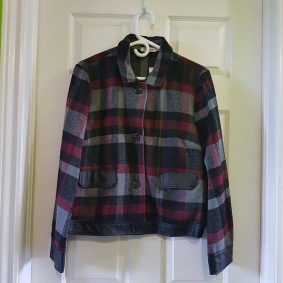 2/$25 red grey plaid leather bomber jacket XL